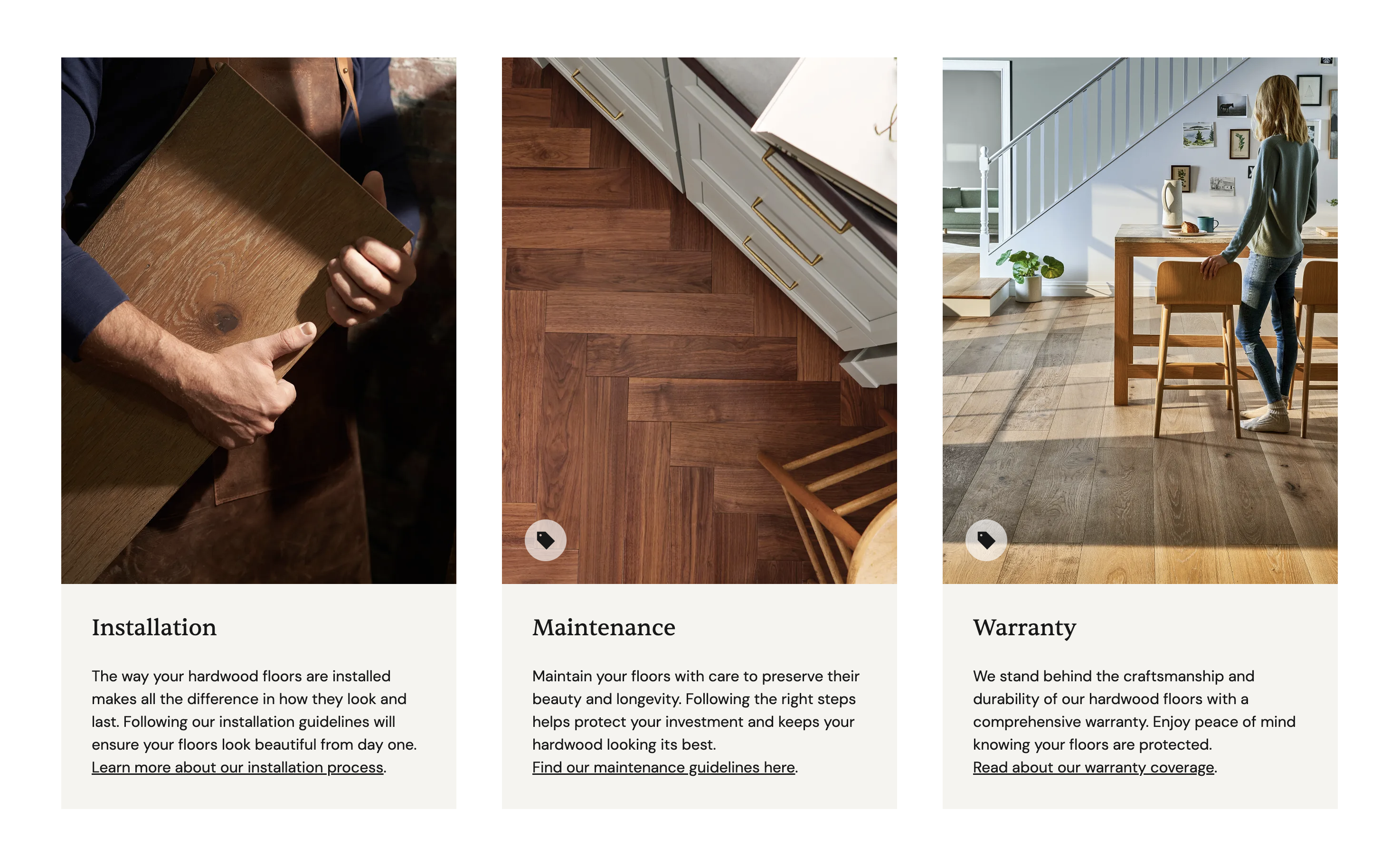 Installation, maintenance and warranty content on PDPs using tall, sophisticated imagery with product tags.